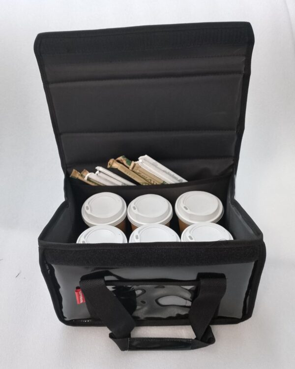 Coffee-36 Ισοθερμικός Αδιάβροχος Σάκος Delivery  με βάση inox, τσέπη για καλαμάκια και δίχτυ